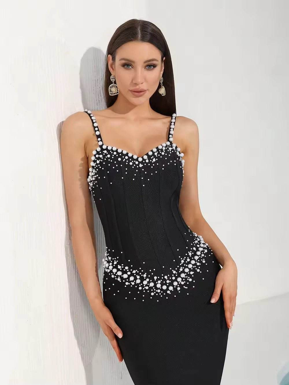 Spaghetti Strap V-Neck Pearl Bead Backless Bandage Mermaid Maxi Dress - REBECATHELABEL