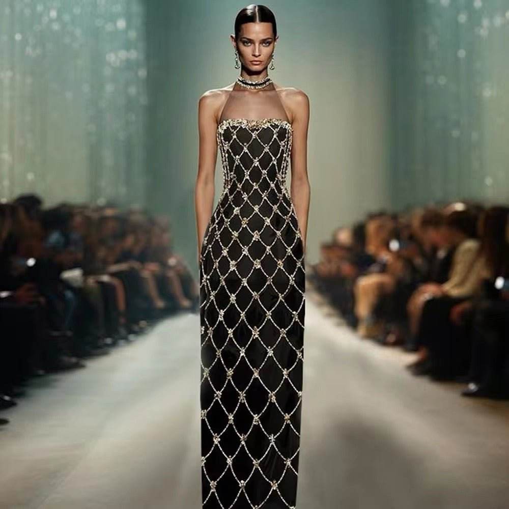 Sparkling Diamond Sequin Mesh Sexy A-line Long Bandage Dress - REBECATHELABEL