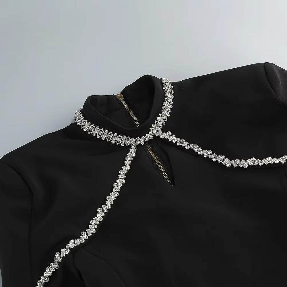 Sparkling Luxury Diamond Shawl Long Sleeved Design Slim Mini Dress - REBECATHELABEL