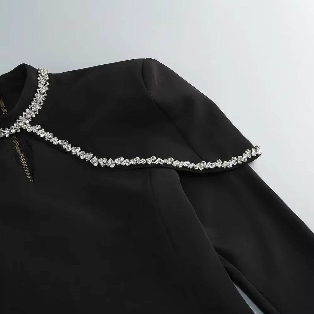 Sparkling Luxury Diamond Shawl Long Sleeved Design Slim Mini Dress - REBECATHELABEL