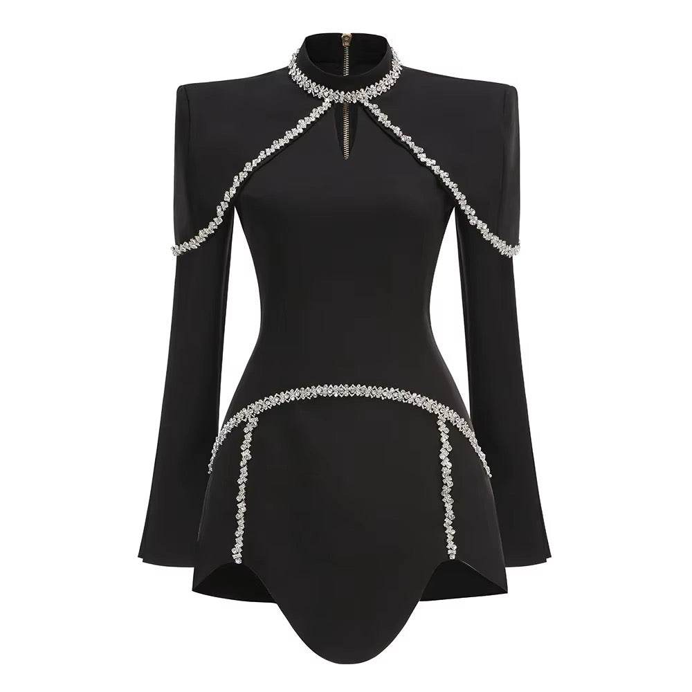 Sparkling Luxury Diamond Shawl Long Sleeved Design Slim Mini Dress - REBECATHELABEL