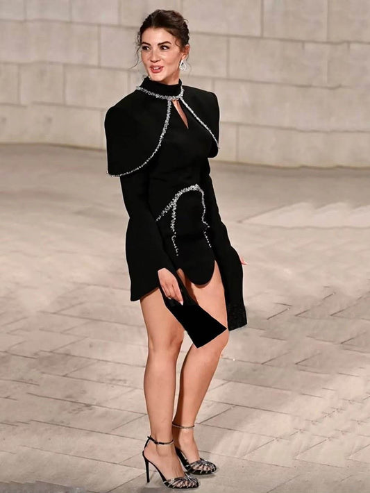 Sparkling Luxury Diamond Shawl Long Sleeved Design Slim Mini Dress - REBECATHELABEL