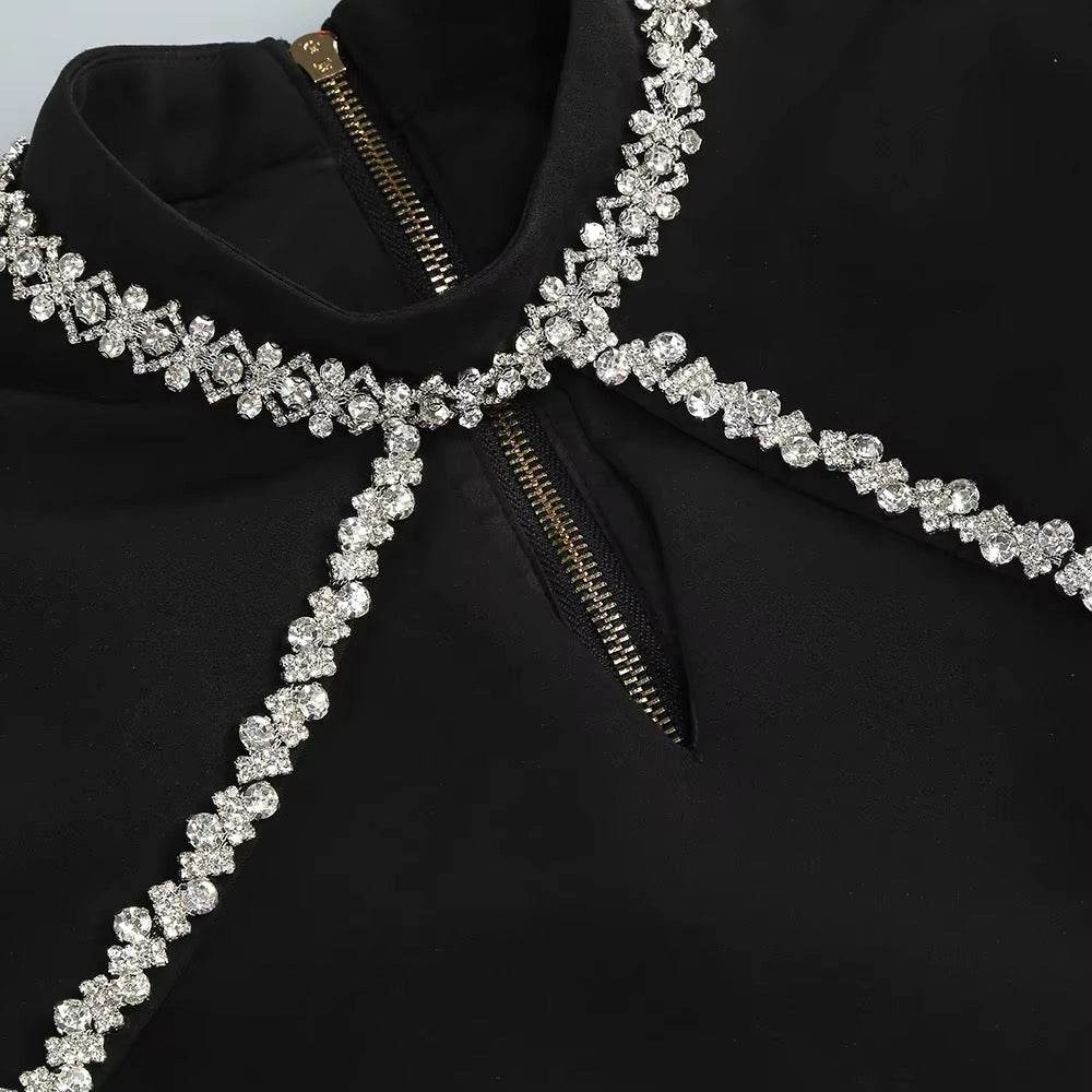 Sparkling Luxury Diamond Shawl Long Sleeved Design Slim Mini Dress - REBECATHELABEL