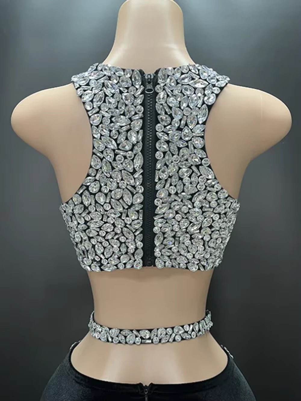 Sparkly Crystal Crop Top & Long Skirt Two-Piece Set - REBECATHELABEL