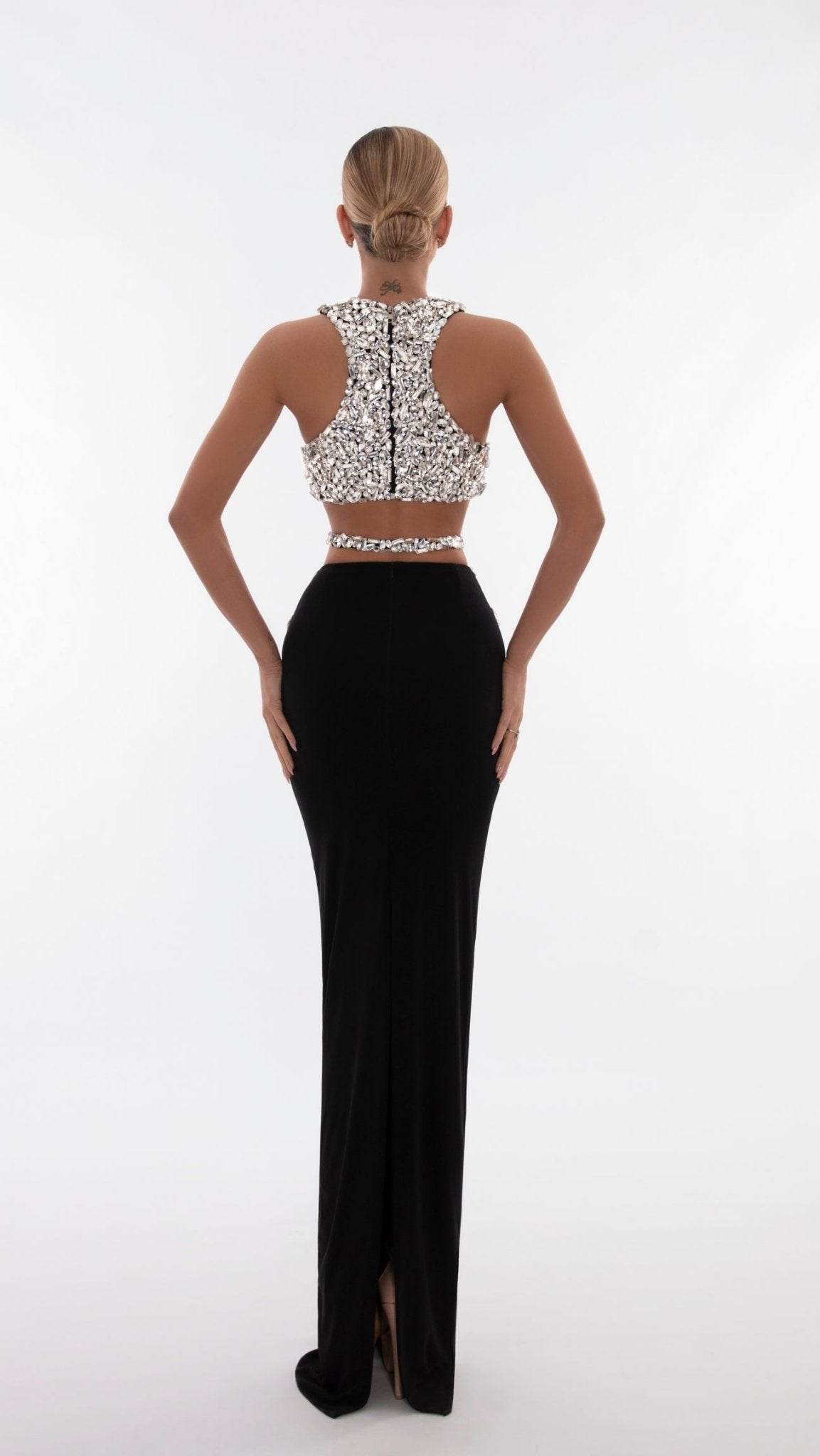 Sparkly Crystal Crop Top & Long Skirt Two-Piece Set - REBECATHELABEL