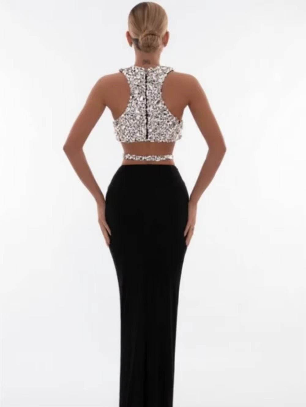 Sparkly Crystal Crop Top & Long Skirt Two-Piece Set - REBECATHELABEL