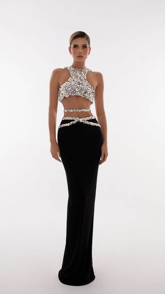 Sparkly Crystal Crop Top & Long Skirt Two-Piece Set - REBECATHELABEL