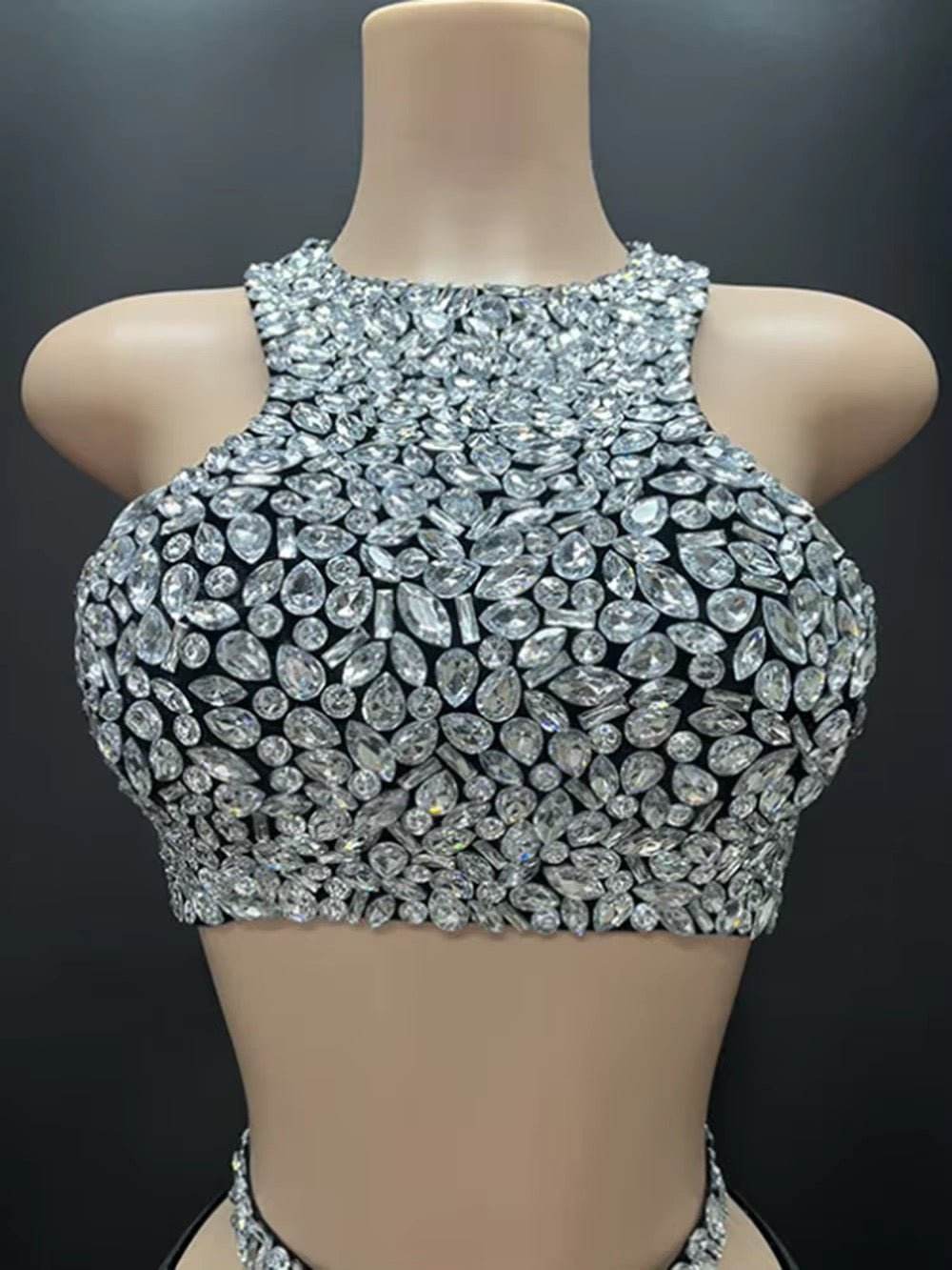 Sparkly Crystal Crop Top & Long Skirt Two-Piece Set - REBECATHELABEL