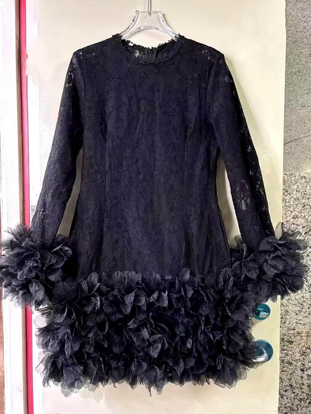 Splicing Layered Petal Tight Lace Mini Dress - REBECATHELABEL