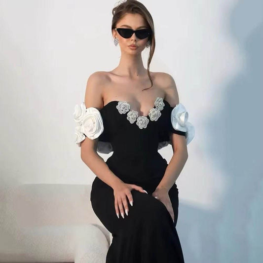 Stereoscopic Flowers Off The Shoulder Ankle Lenght Bandage Dress - REBECATHELABEL