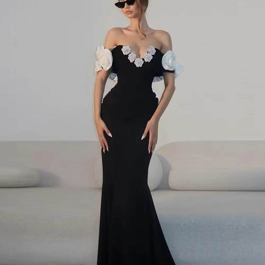 Stereoscopic Flowers Off The Shoulder Ankle Lenght Bandage Dress - REBECATHELABEL