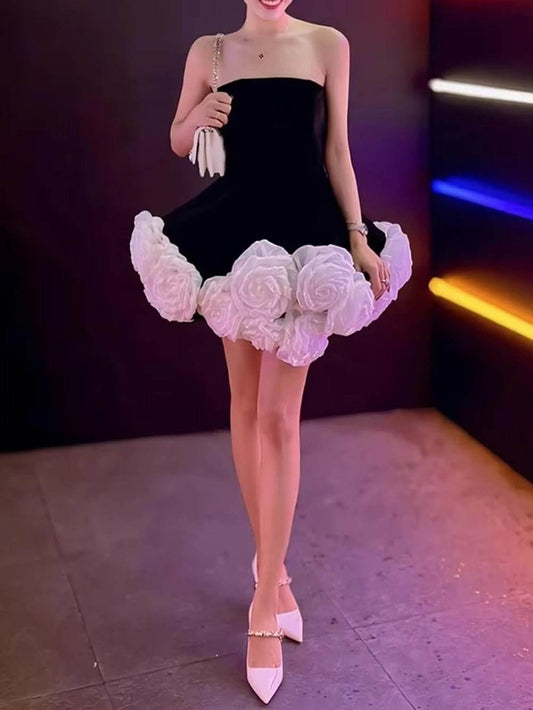 Strapless 3D Flower A-Line Mini SleevelessFloral Slim Velvet Cocktail Dress - REBECATHELABEL