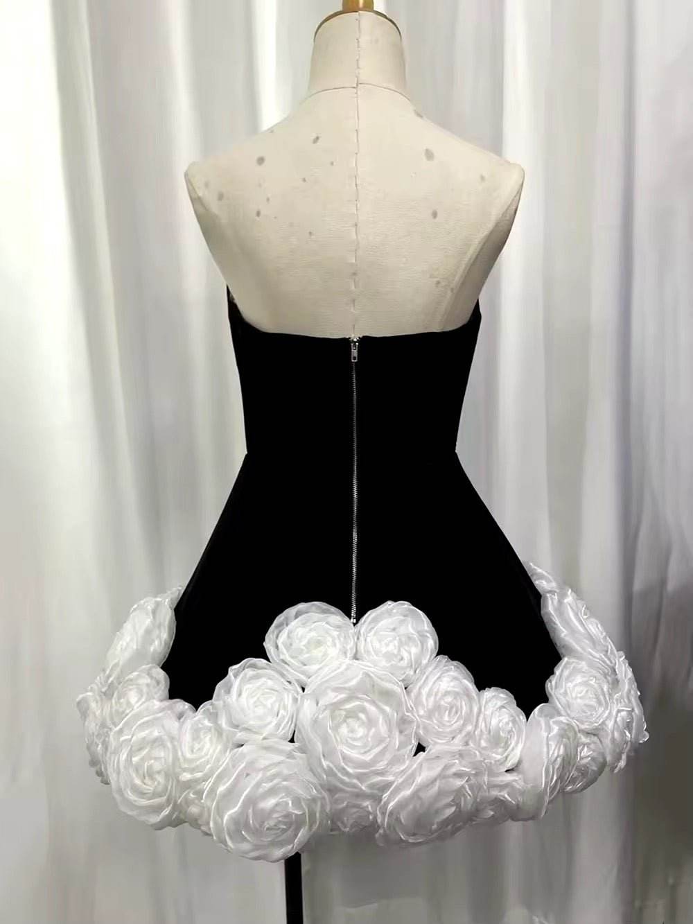 Strapless 3D Flower A-Line Mini SleevelessFloral Slim Velvet Cocktail Dress - REBECATHELABEL