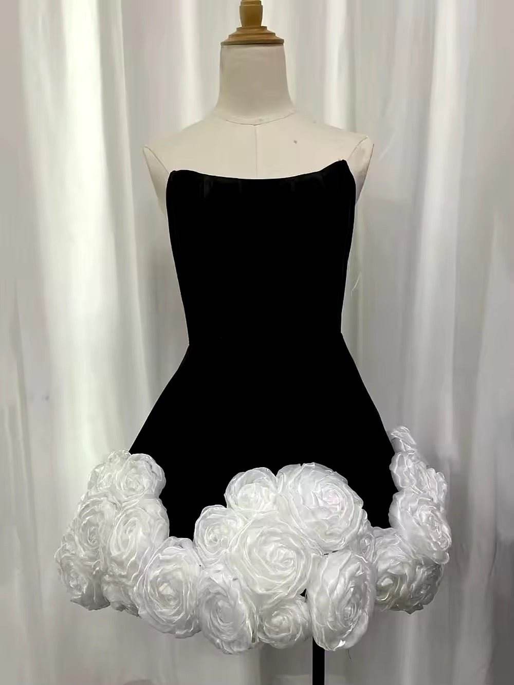 Strapless 3D Flower A-Line Mini SleevelessFloral Slim Velvet Cocktail Dress - REBECATHELABEL