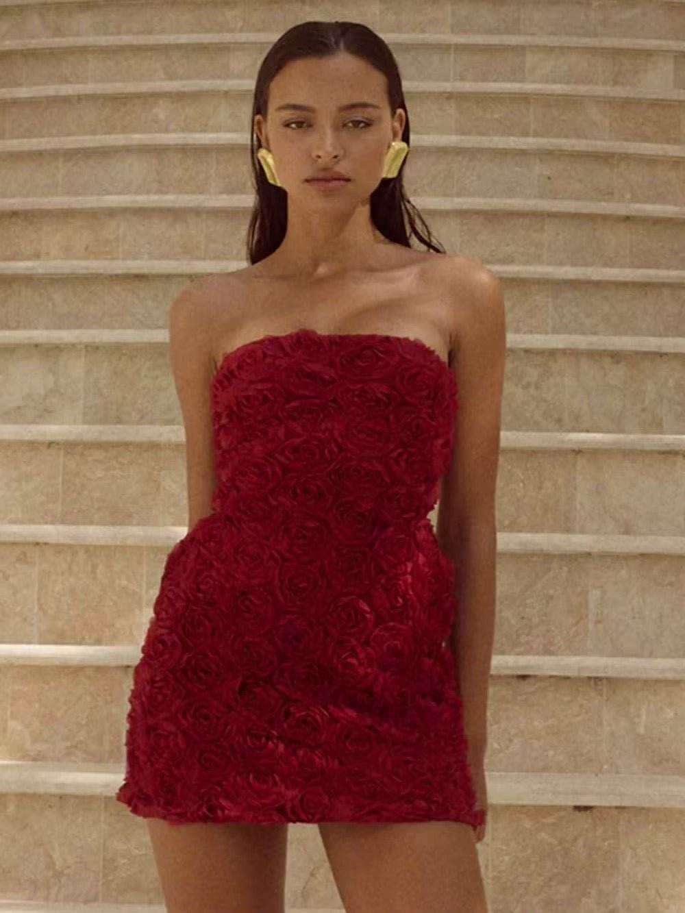 Strapless 3D Flowers Short Dress - REBECATHELABEL