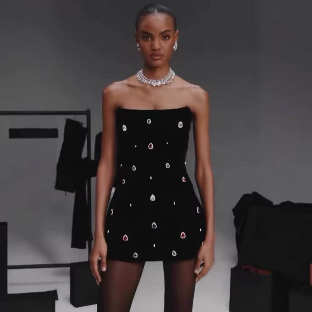 Strapless Diamond Bead Bandage Mini Dress - REBECATHELABEL