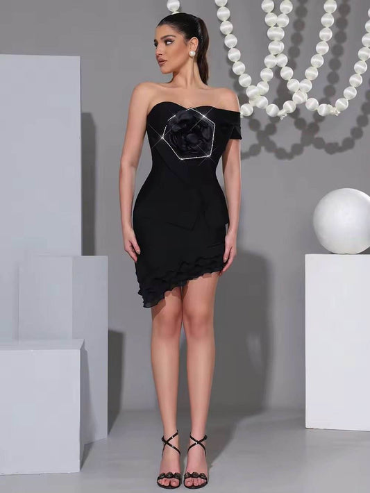 Strapless Diamond Flower Slanted Hem Bandages Short Dress - REBECATHELABEL