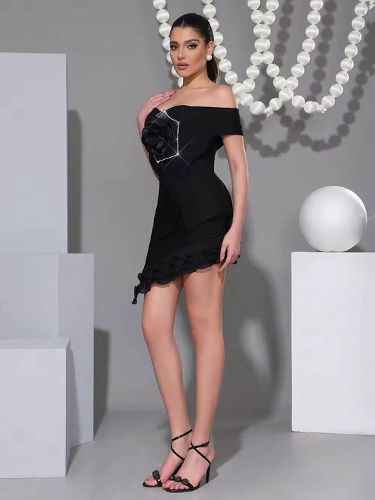 Strapless Diamond Flower Slanted Hem Bandages Short Dress - REBECATHELABEL