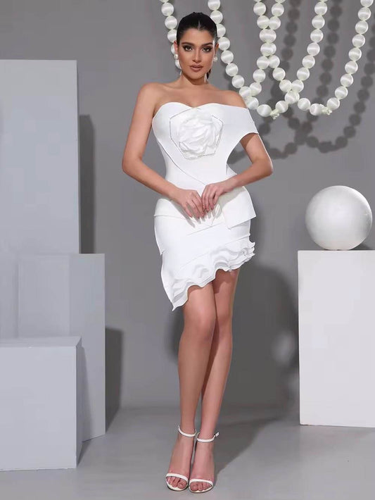 Strapless Diamond Flower Slanted Hem Bandages Short Dress - REBECATHELABEL