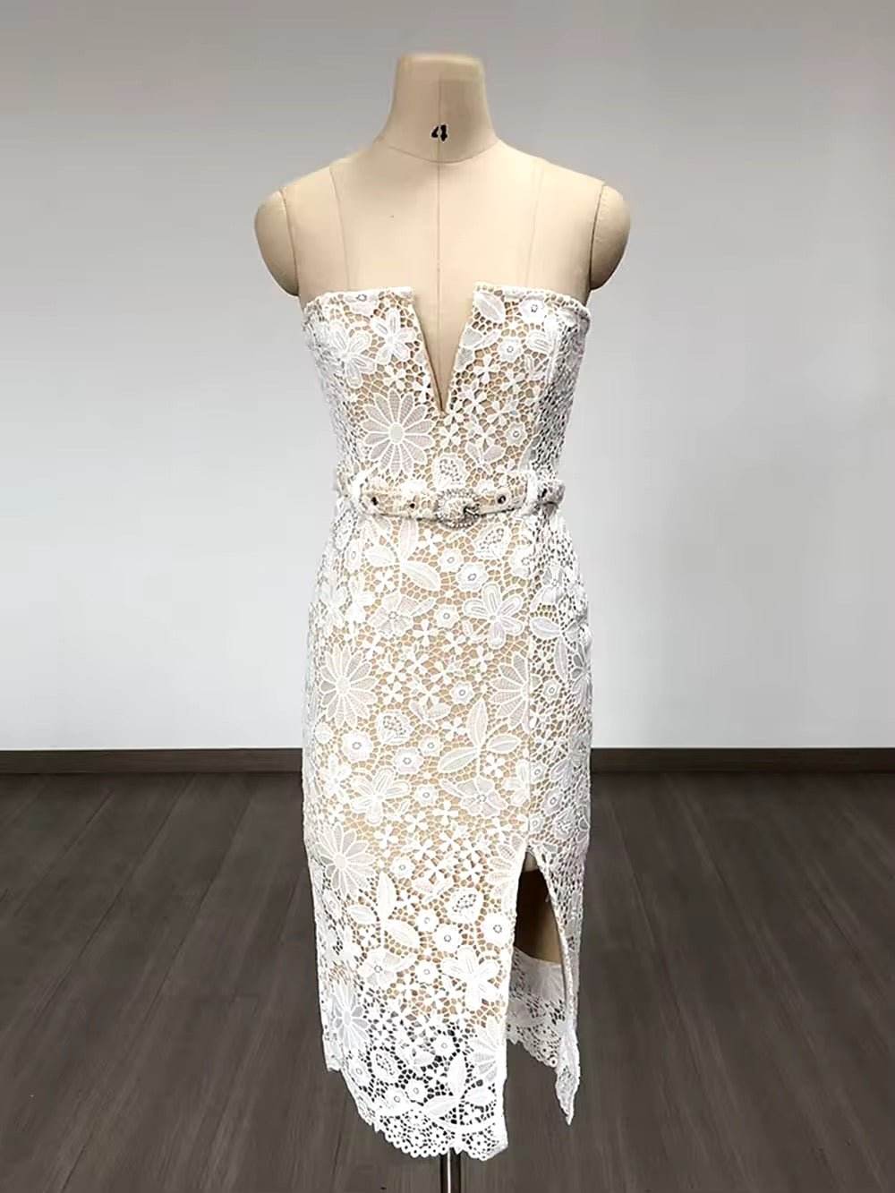 Strapless Embroidery Patchwork Belt Long Dress - REBECATHELABEL