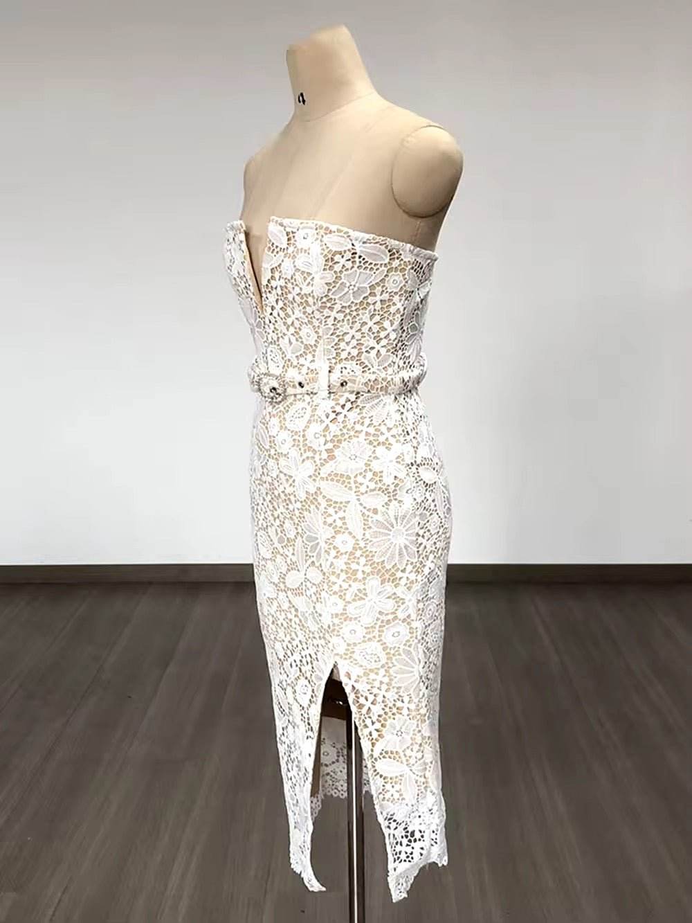 Strapless Embroidery Patchwork Belt Long Dress - REBECATHELABEL