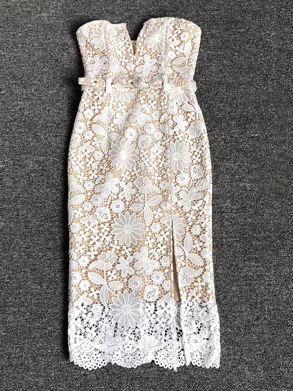 Strapless Embroidery Patchwork Belt Long Dress - REBECATHELABEL