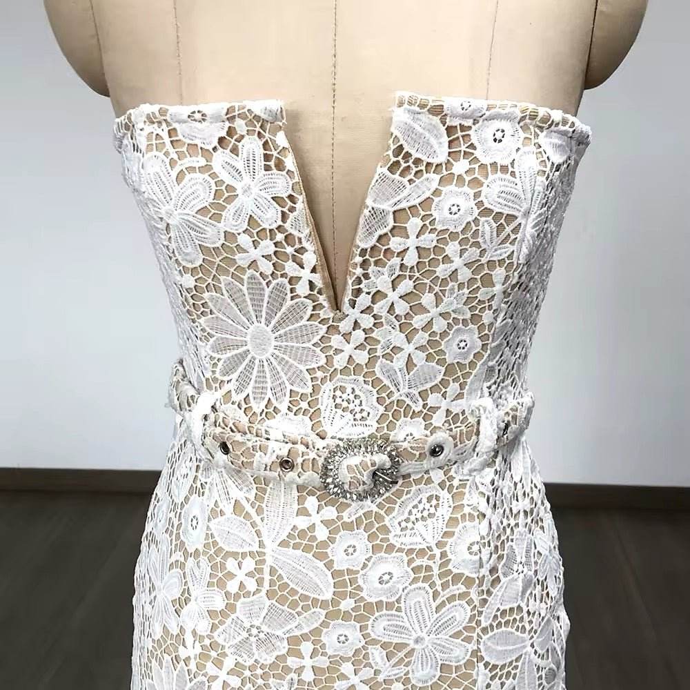 Strapless Embroidery Patchwork Belt Long Dress - REBECATHELABEL