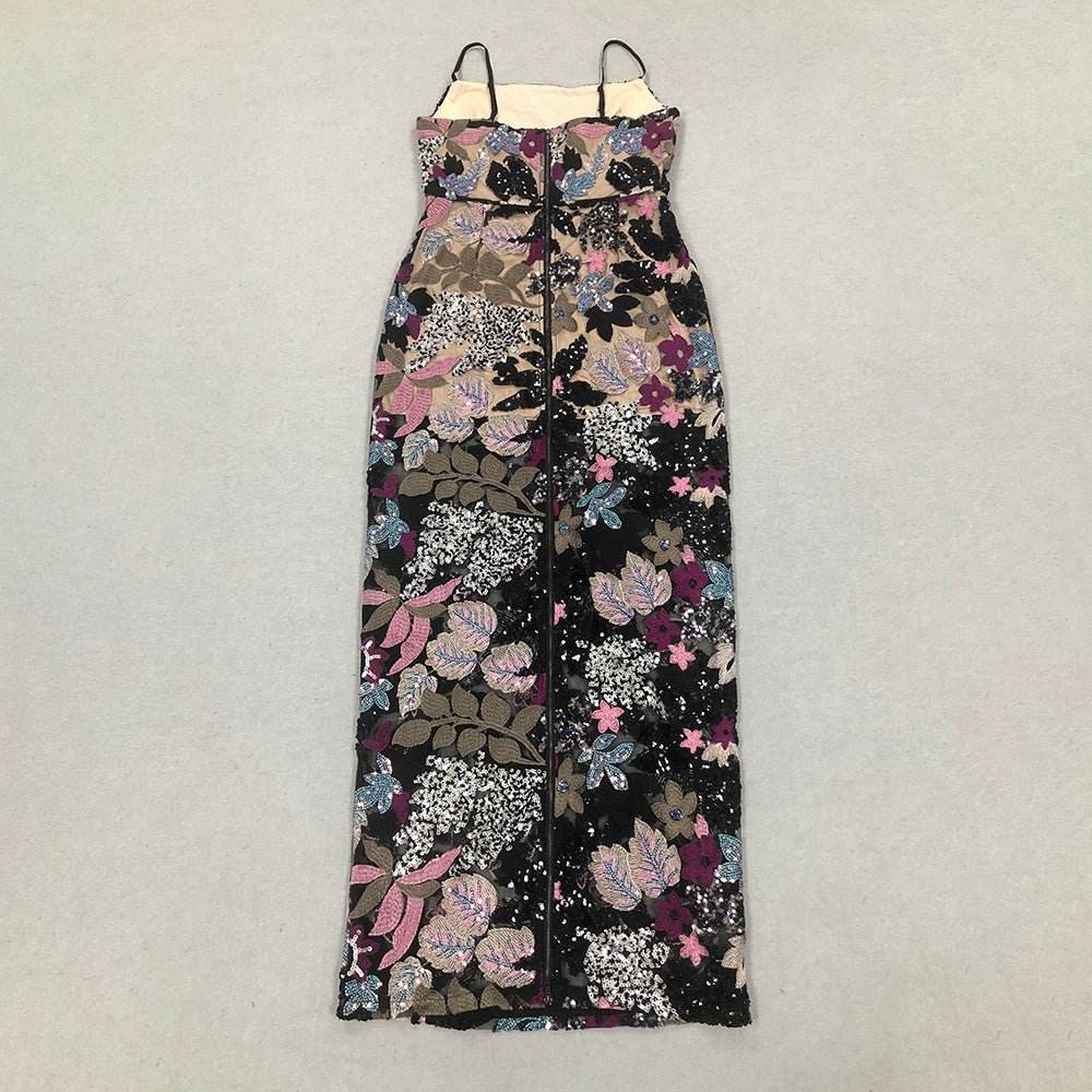 Strapless Embroidery Patchwork Mesh Long Dress - REBECATHELABEL