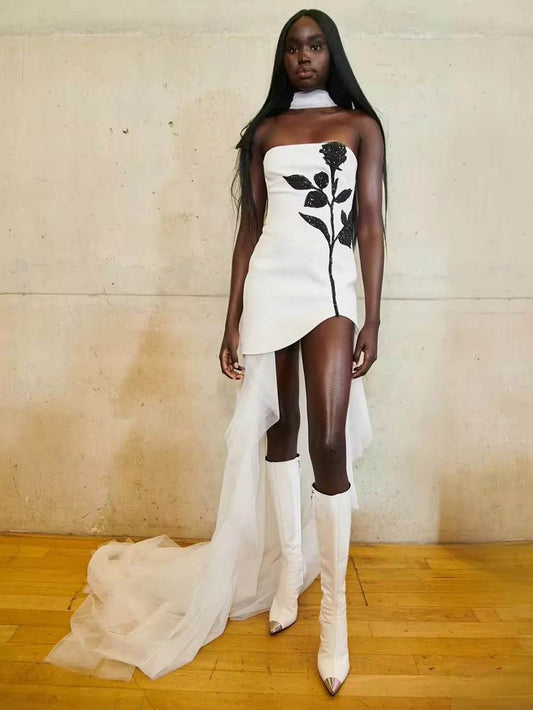 Strapless Floor-Length Bandage Dress Diamonds Flowers Patchwork Mesh dress - REBECATHELABEL