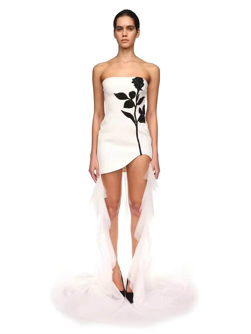 Strapless Floor-Length Bandage Dress Diamonds Flowers Patchwork Mesh dress - REBECATHELABEL