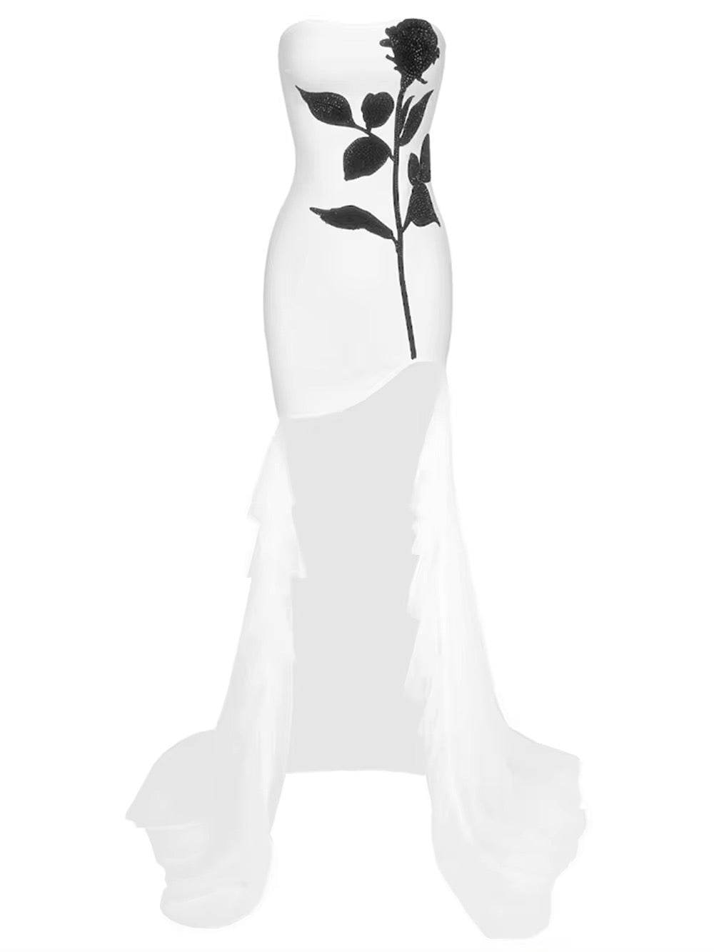 Strapless Floor-Length Bandage Dress Diamonds Flowers Patchwork Mesh dress - REBECATHELABEL
