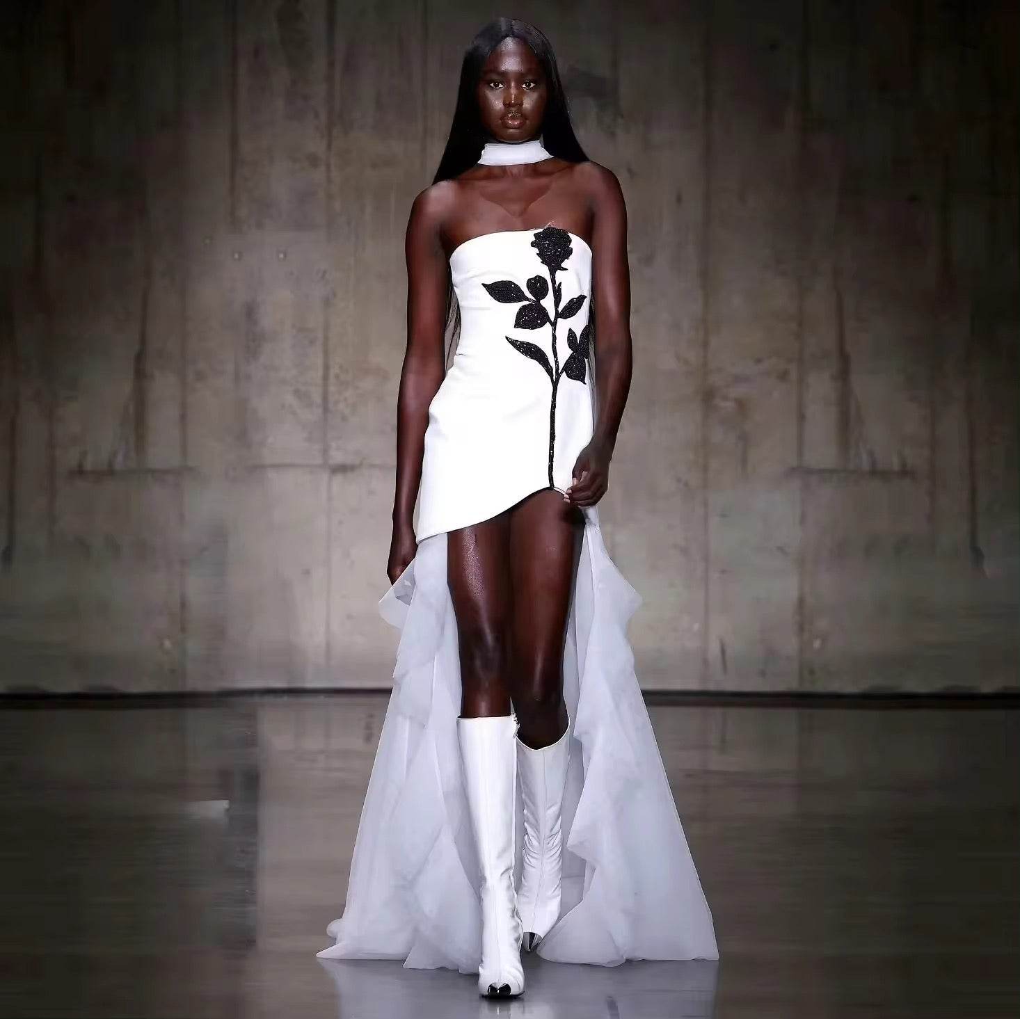 Strapless Floor-Length Bandage Dress Diamonds Flowers Patchwork Mesh dress - REBECATHELABEL