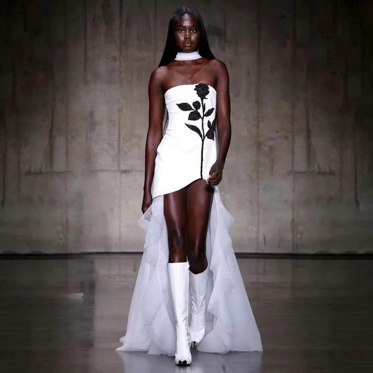 Strapless Floor-Length Bandage Dress Diamonds Flowers Patchwork Mesh dress - REBECATHELABEL