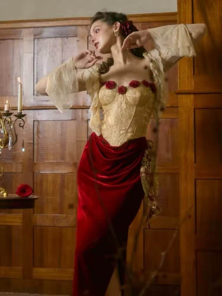 Strapless Flower Design Midi Dress - REBECATHELABEL