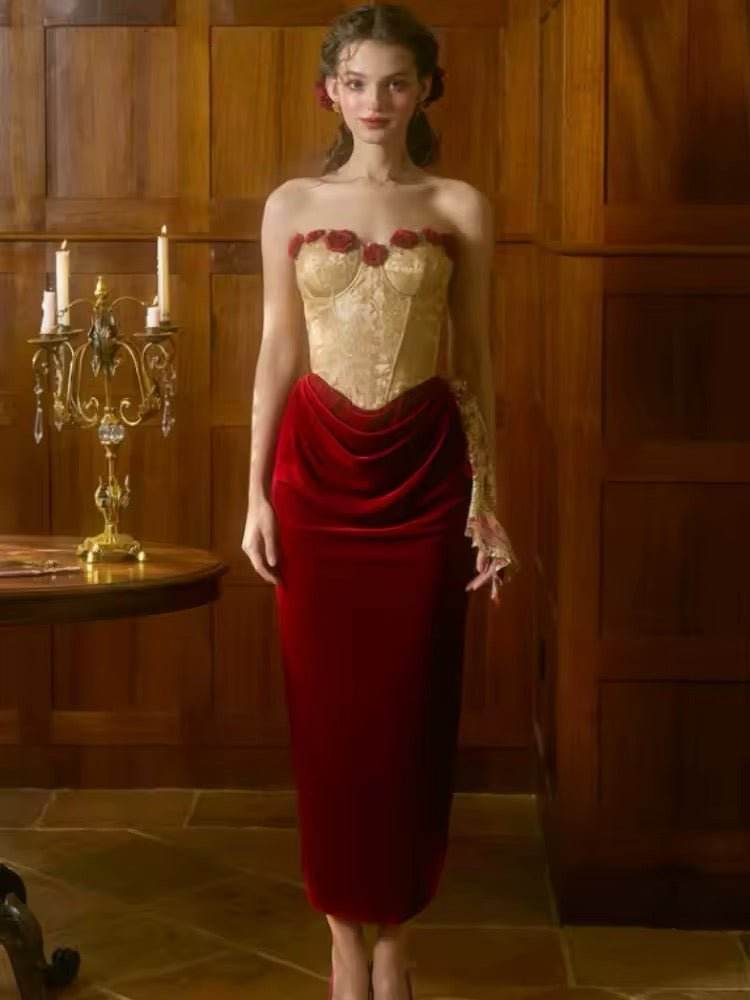 Strapless Flower Design Midi Dress - REBECATHELABEL