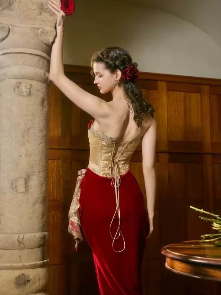 Strapless Flower Design Midi Dress - REBECATHELABEL