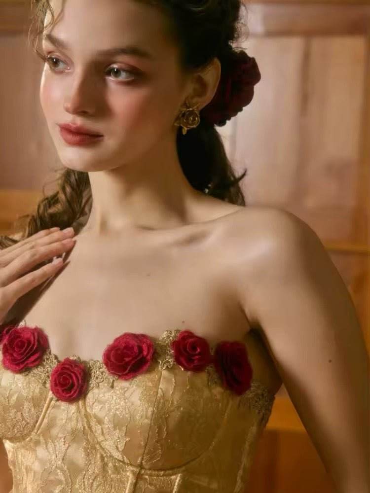 Strapless Flower Design Midi Dress - REBECATHELABEL