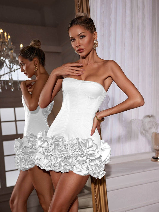 Strapless Flower Mini Dress In White - REBECATHELABEL