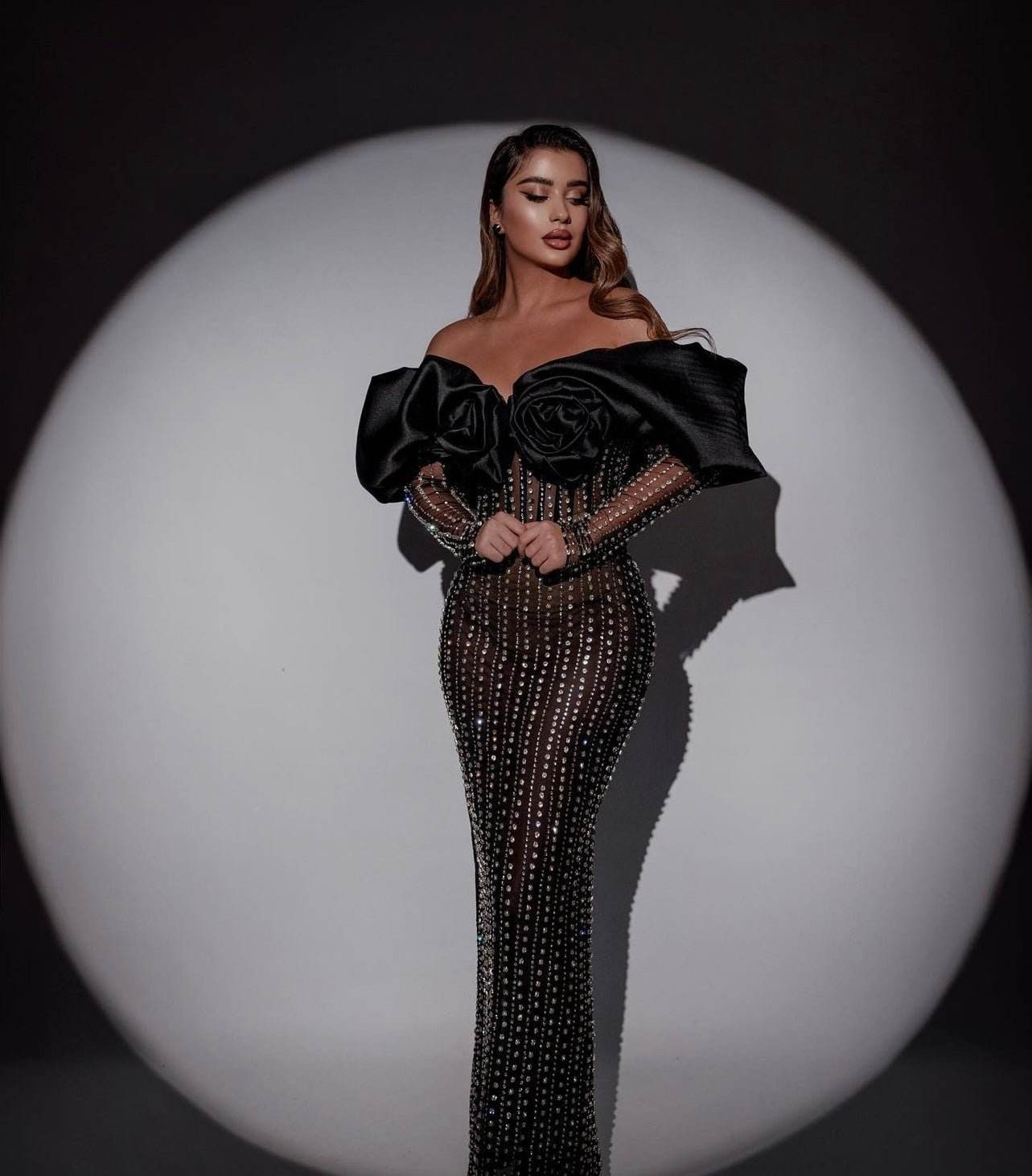 Strapless Flower Rhinestone Maxi Dress With Gloves - REBECATHELABEL