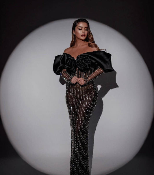 Strapless Flower Rhinestone Maxi Dress With Gloves - REBECATHELABEL