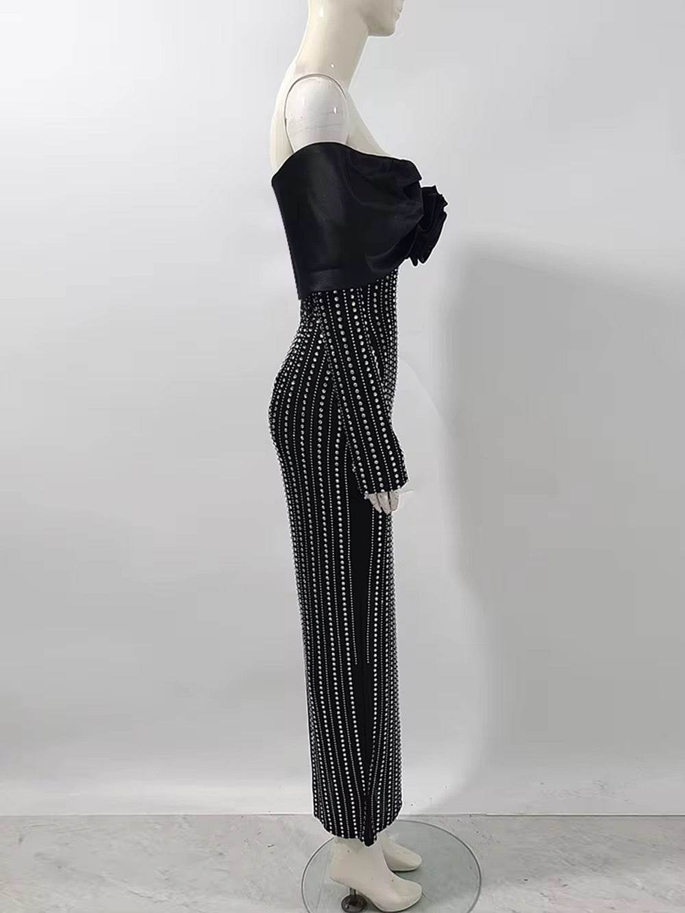 Strapless Flower Rhinestone Maxi Dress With Gloves - REBECATHELABEL