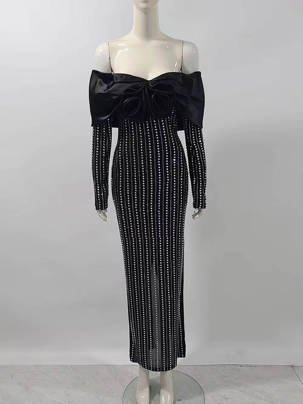 Strapless Flower Rhinestone Maxi Dress With Gloves - REBECATHELABEL