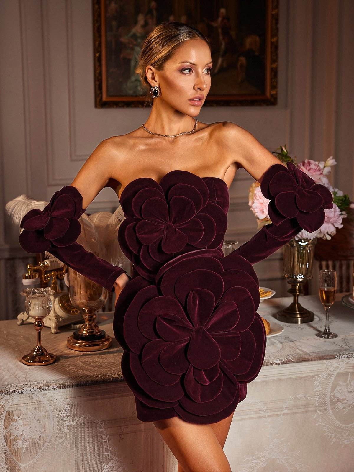 Strapless Flower Velvet Mini Dress With Gloves - REBECATHELABEL