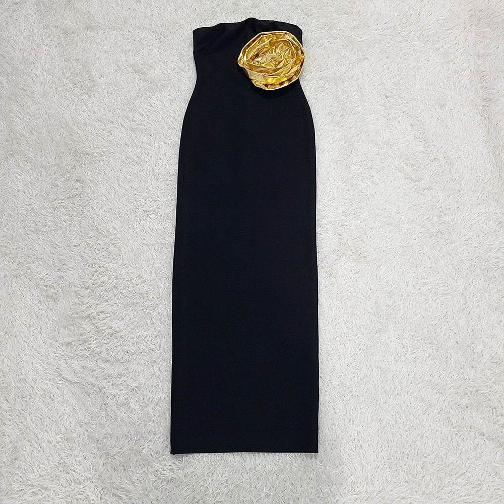 Strapless Gold Flower Tight Long Bandage Dress - REBECATHELABEL