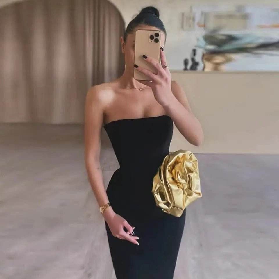 Strapless Gold Flower Tight Long Bandage Dress - REBECATHELABEL