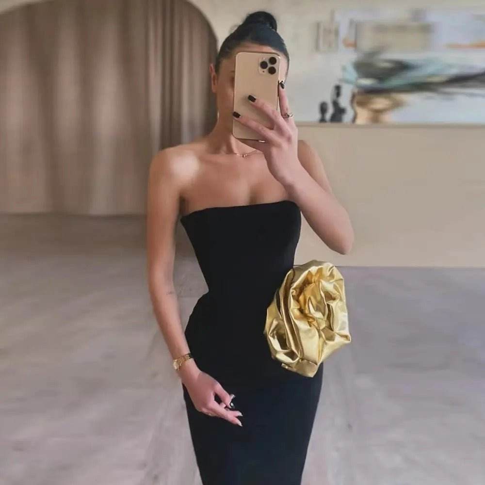 Strapless Gold Flower Tight Long Bandage Dress - REBECATHELABEL