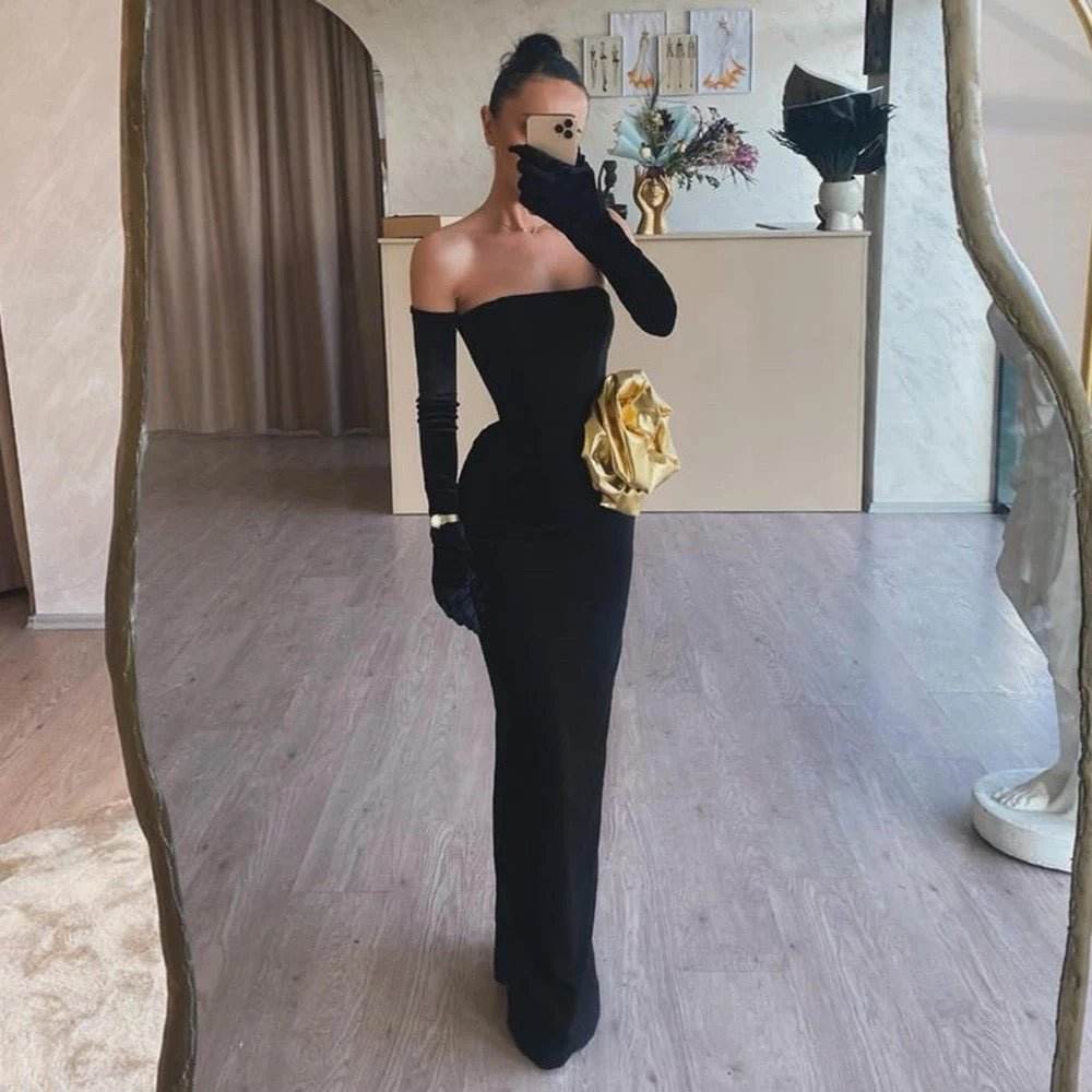 Strapless Gold Flower Tight Long Bandage Dress - REBECATHELABEL