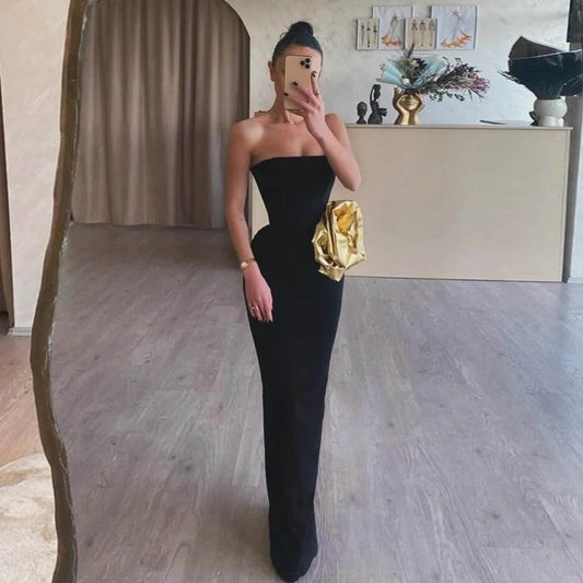 Strapless Gold Flower Tight Long Bandage Dress - REBECATHELABEL