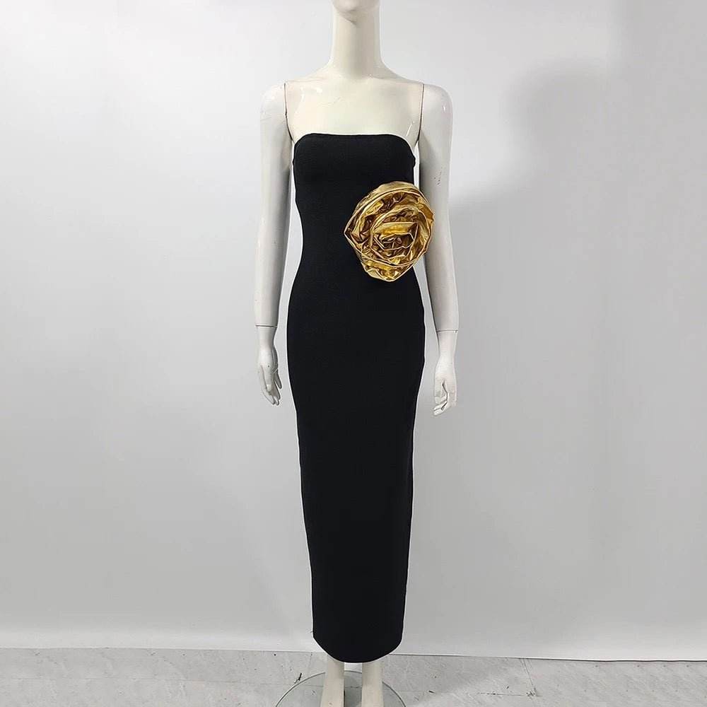 Strapless Gold Flower Tight Long Bandage Dress - REBECATHELABEL
