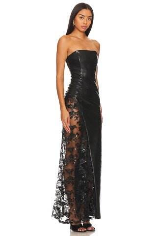 Strapless High Waist Lace Patchwork Tight Banquet Leather Dress - REBECATHELABEL